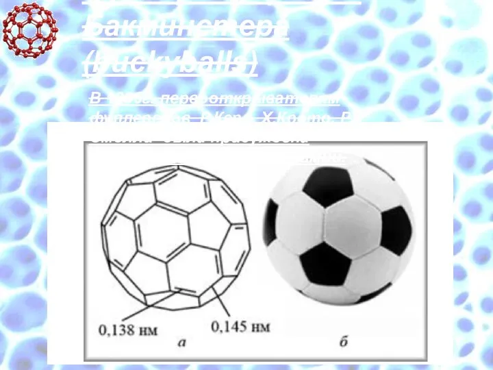 Фуллерены (шары Бакминстера (buckyballs) В 1996г. первооткрывателям фуллеренов Р.Керл, Х.Крото, Р.Смолли была