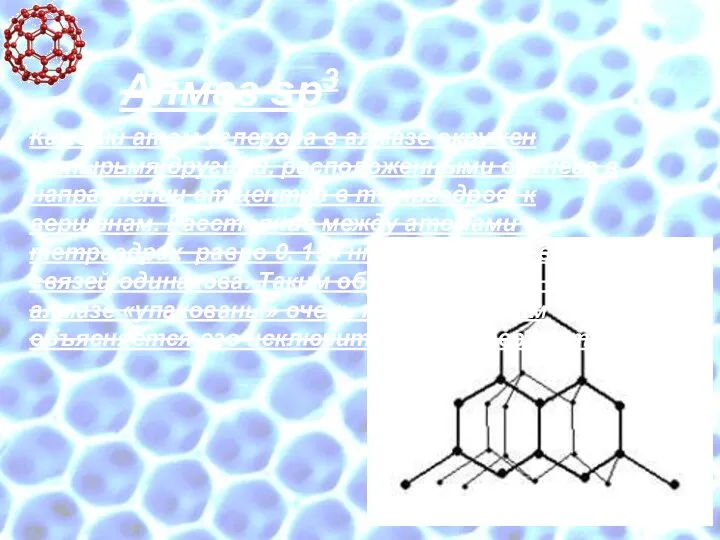 Алмаз sp3 Каждый атом углерода в алмазе окружен четырьмя другими, расположенными от