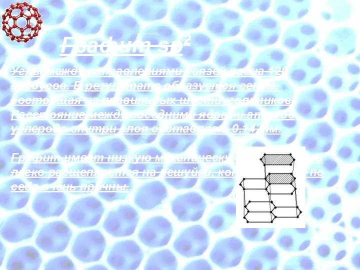 Графит sp2 Углы между направлениями связей равна 120 градусов. В результате образуется