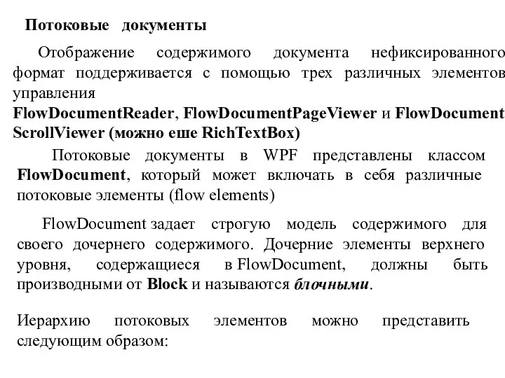 Потоковые документы в WPF представлены классом FlowDocument, который может включать в себя