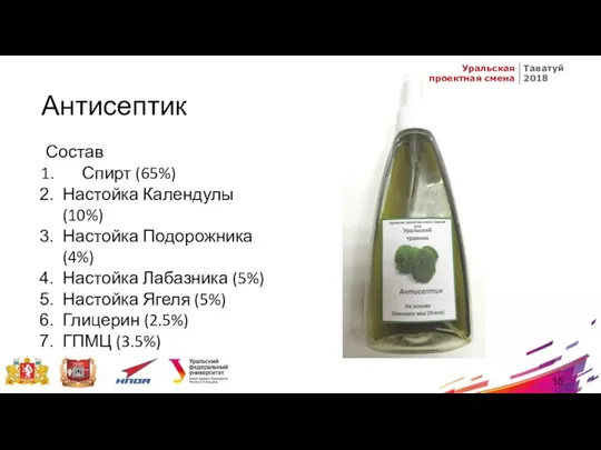 Антисептик Состав Спирт (65%) Настойка Календулы (10%) Настойка Подорожника (4%) Настойка Лабазника