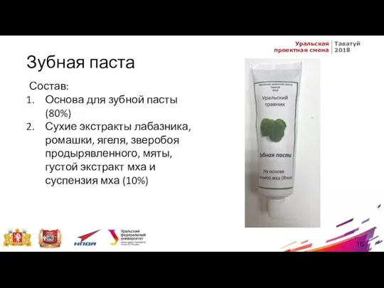 Зубная паста Состав: Основа для зубной пасты (80%) Сухие экстракты лабазника, ромашки,