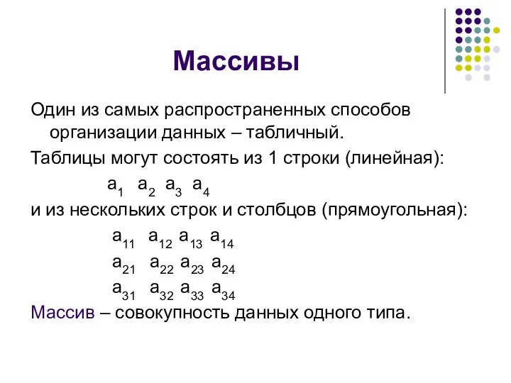 Массивы Один из самых распространенных способов организации данных – табличный. Таблицы могут