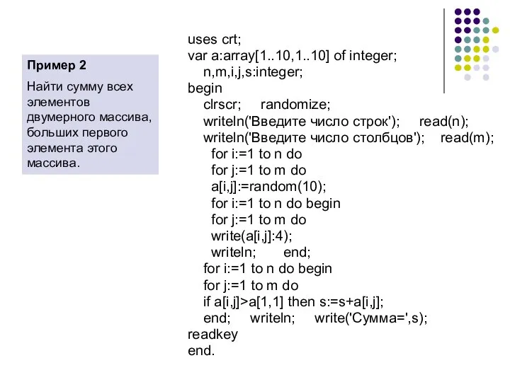 uses crt; var a:array[1..10,1..10] of integer; n,m,i,j,s:integer; begin clrscr; randomize; writeln('Введите число