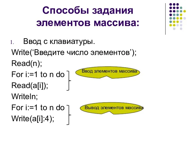 Способы задания элементов массива: Ввод с клавиатуры. Write(‘Введите число элементов’); Read(n); For