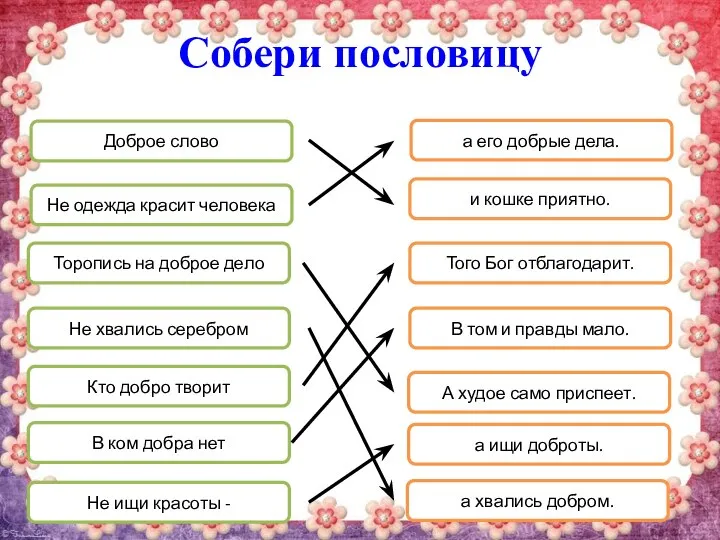 Собери пословицу Доброе слово Не одежда красит человека а его добрые дела.