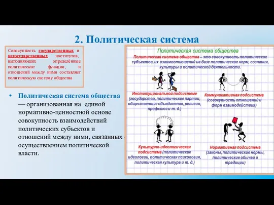 2. Политическая система Совокупность государственных и негосударственных институтов, выполняющих определённые политические функции,