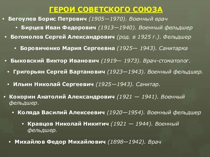 ГЕРОИ СОВЕТСКОГО СОЮЗА Бегоулев Борис Петрович (1905—1970). Военный врач Бирцев Иван Федорович