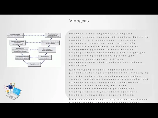 V-модель V-модель – это улучшенная версия классической каскадной модели. Здесь на каждом