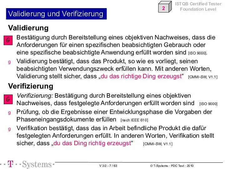 Validierung und Verifizierung Validierung Bestätigung durch Bereitstellung eines objektiven Nachweises, dass die