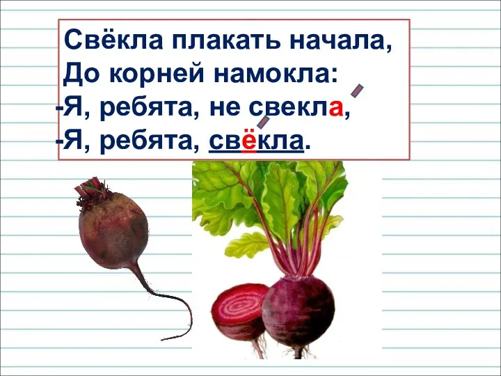 Свёкла плакать начала, До корней намокла: Я, ребята, не свекла, Я, ребята, свёкла.