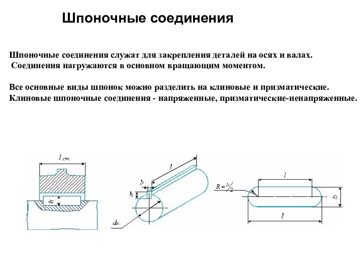 Шпоночные соединения Шпоночные соединения служат для закрепления деталей на осях и валах.