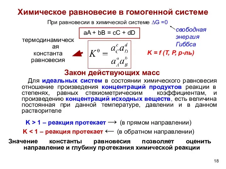 Химическое равновесие в гомогенной системе При равновесии в химической системе ΔG =0