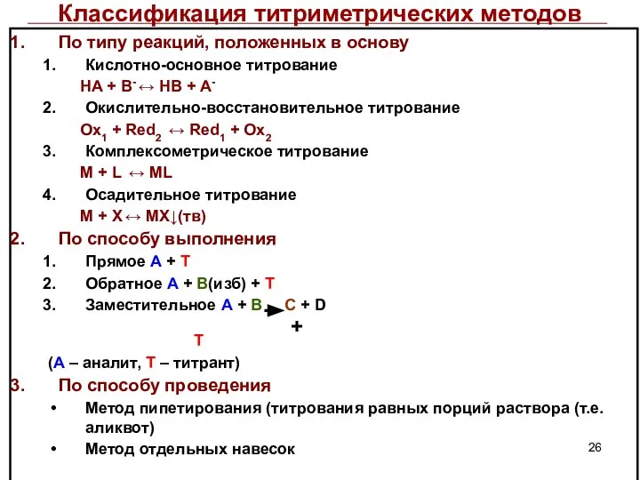 Классификация титриметрических методов По типу реакций, положенных в основу Кислотно-основное титрование HA