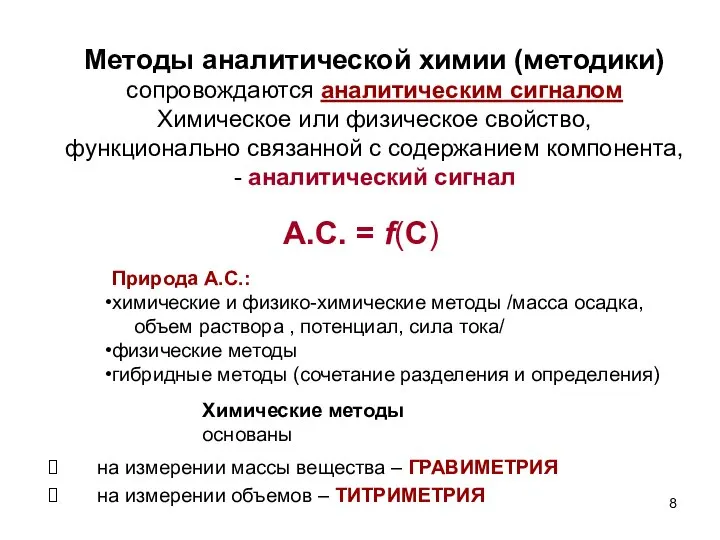 Методы аналитической химии (методики) сопровождаются аналитическим сигналом Химическое или физическое свойство, функционально