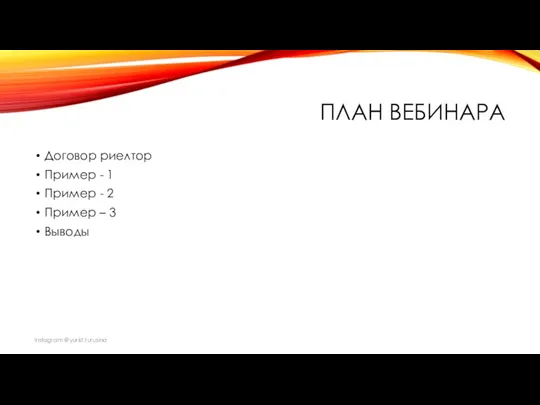 ПЛАН ВЕБИНАРА Договор риелтор Пример - 1 Пример - 2 Пример – 3 Выводы Instagram @yurist.turusina