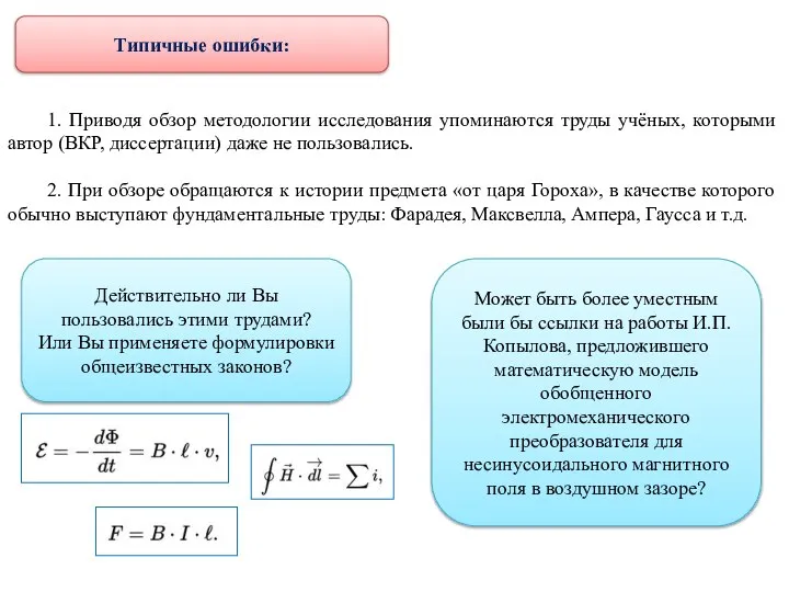 Типичные ошибки: 1. Приводя обзор методологии исследования упоминаются труды учёных, которыми автор