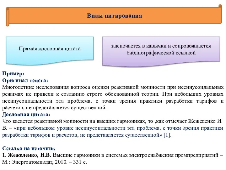 Виды цитирования Прямая дословная цитата заключается в кавычки и сопровождается библиографической ссылкой