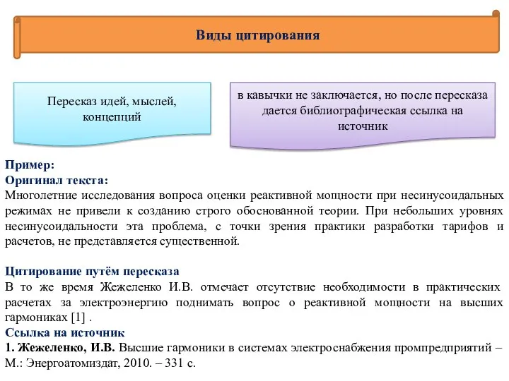 Виды цитирования Пересказ идей, мыслей, концепций в кавычки не заключается, но после