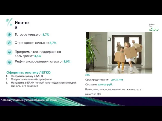 Строящееся жилье от 8,7% Минимальный размер первоначального взноса - от 10% Срок