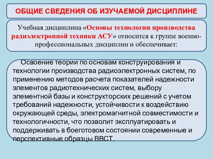 ОБЩИЕ СВЕДЕНИЯ ОБ ИЗУЧАЕМОЙ ДИСЦИПЛИНЕ Учебная дисциплина «Основы технологии производства радиэлектронной техники