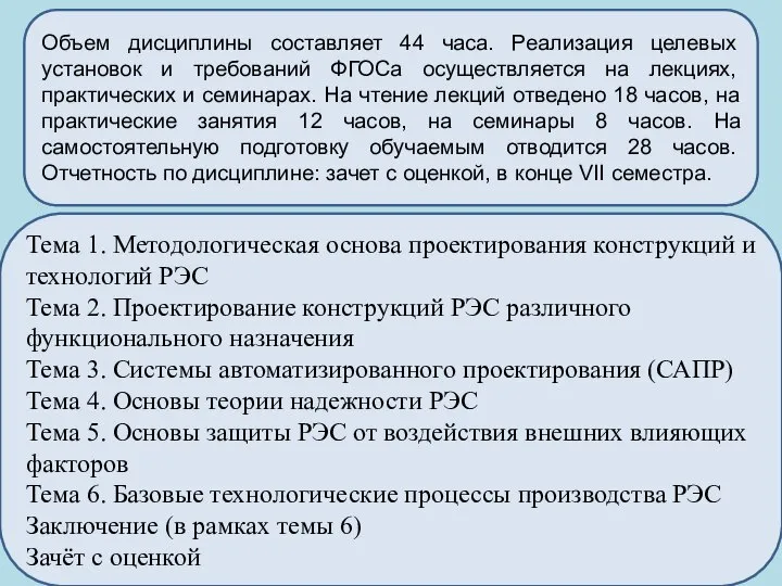 Объем дисциплины составляет 44 часа. Реализация целевых установок и требований ФГОСа осуществляется