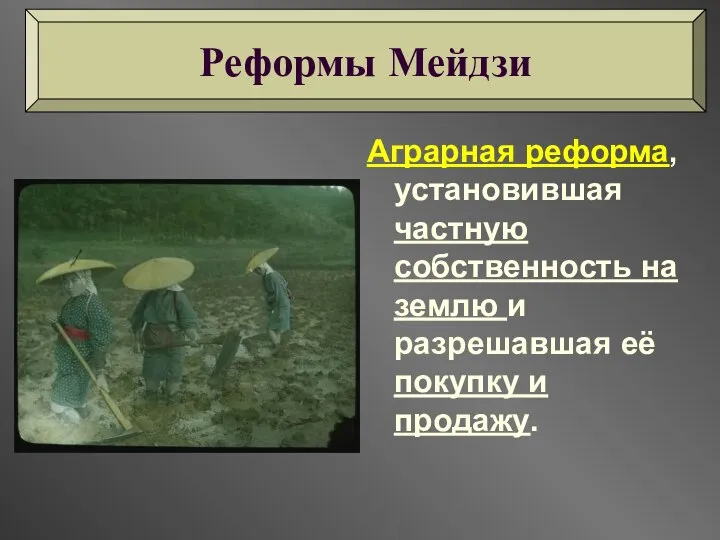 Аграрная реформа, установившая частную собственность на землю и разрешавшая её покупку и продажу. Реформы Мейдзи