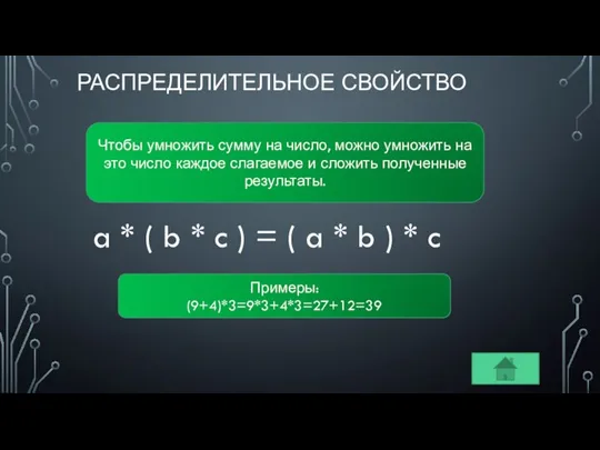 РАСПРЕДЕЛИТЕЛЬНОЕ СВОЙСТВО Чтобы умножить сумму на число, можно умножить на это число