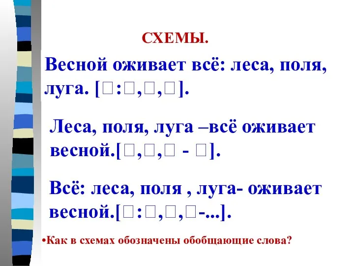 Весной оживает всё: леса, поля, луга. [?:?,?,?]. Леса, поля, луга –всё оживает