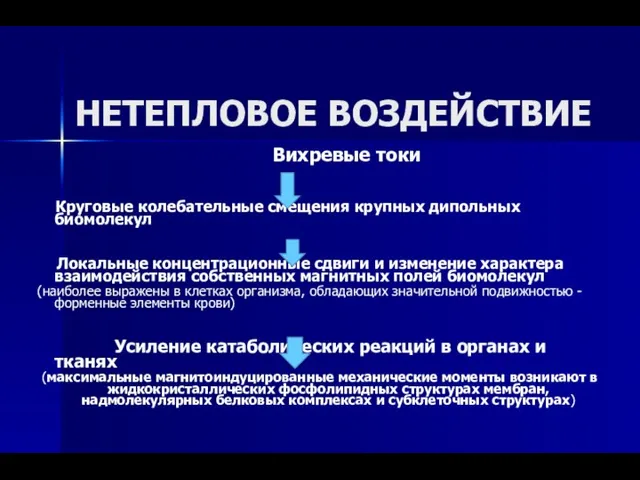 НЕТЕПЛОВОЕ ВОЗДЕЙСТВИЕ Вихревые токи Круговые колебательные смещения крупных дипольных биомолекул Локальные концентрационные