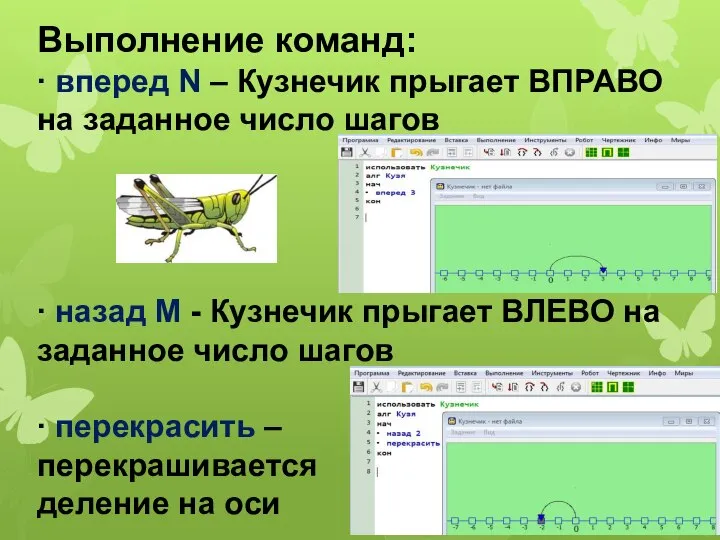 Выполнение команд: ∙ вперед N – Кузнечик прыгает ВПРАВО на заданное число