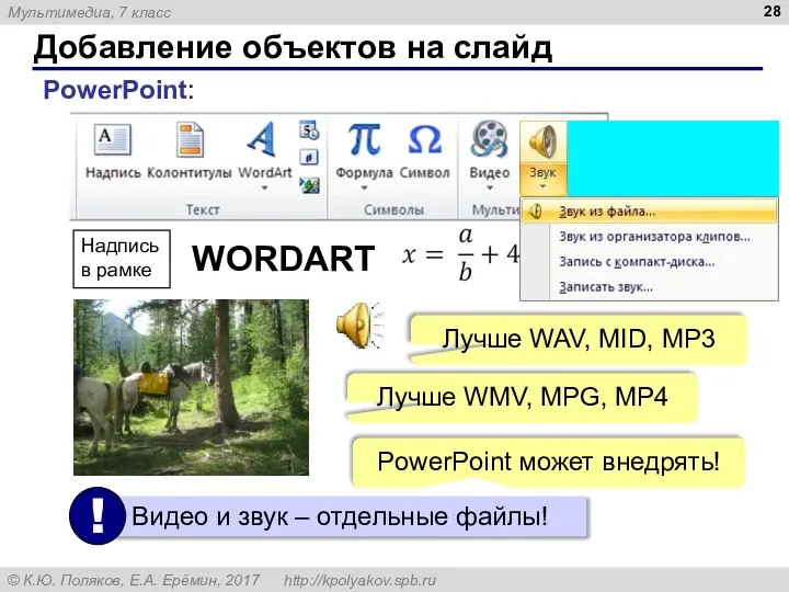 Добавление объектов на слайд PowerPoint: Надпись в рамке WORDART Лучше WMV, MPG,