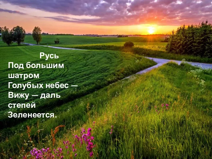 Русь Под большим шатром Голубых небес — Вижу — даль степей Зеленеется.