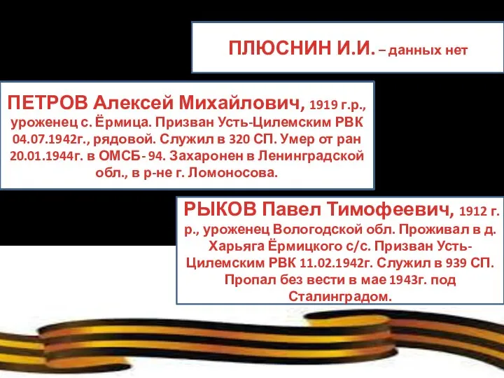 ПЛЮСНИН И.И. – данных нет ПЕТРОВ Алексей Михайлович, 1919 г.р., уроженец с.