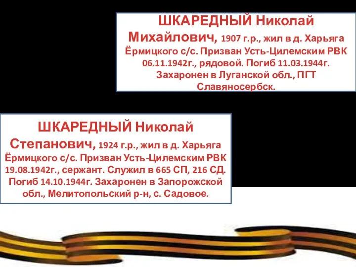 ШКАРЕДНЫЙ Николай Михайлович, 1907 г.р., жил в д. Харьяга Ёрмицкого с/с. Призван