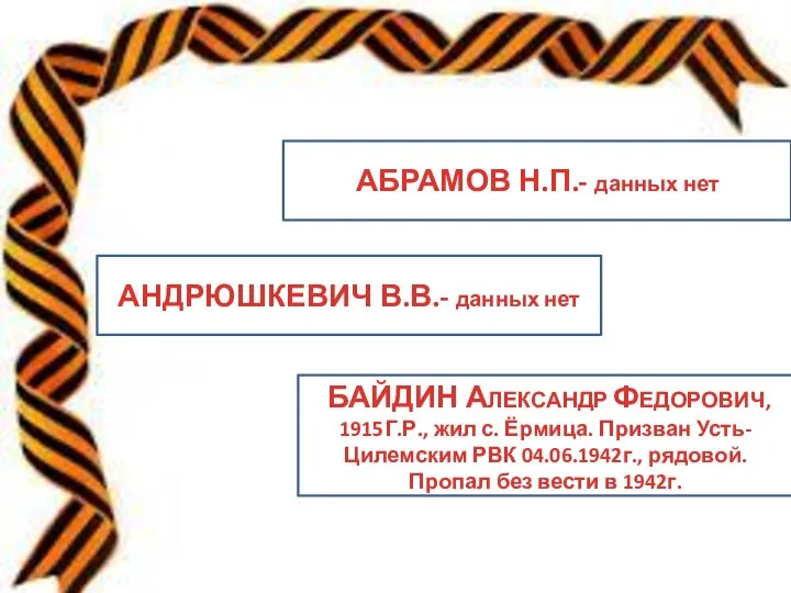 АБРАМОВ Н.П.- данных нет АНДРЮШКЕВИЧ В.В.- данных нет БАЙДИН АЛЕКСАНДР ФЕДОРОВИЧ, 1915Г.Р.,