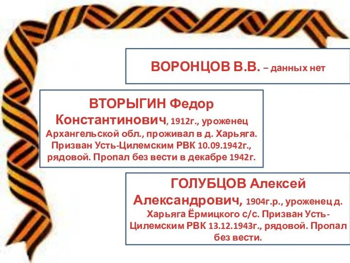 ВОРОНЦОВ В.В. – данных нет ВТОРЫГИН Федор Константинович, 1912г., уроженец Архангельской обл.,