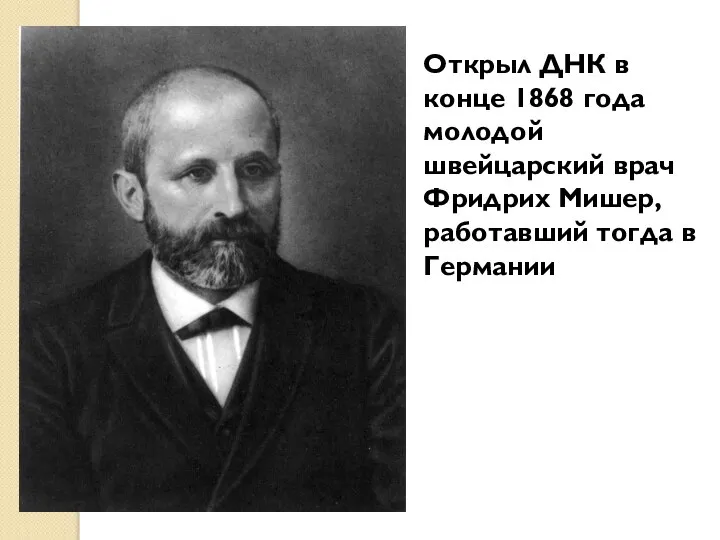 Открыл ДНК в конце 1868 года молодой швейцарский врач Фридрих Мишер, работавший тогда в Германии