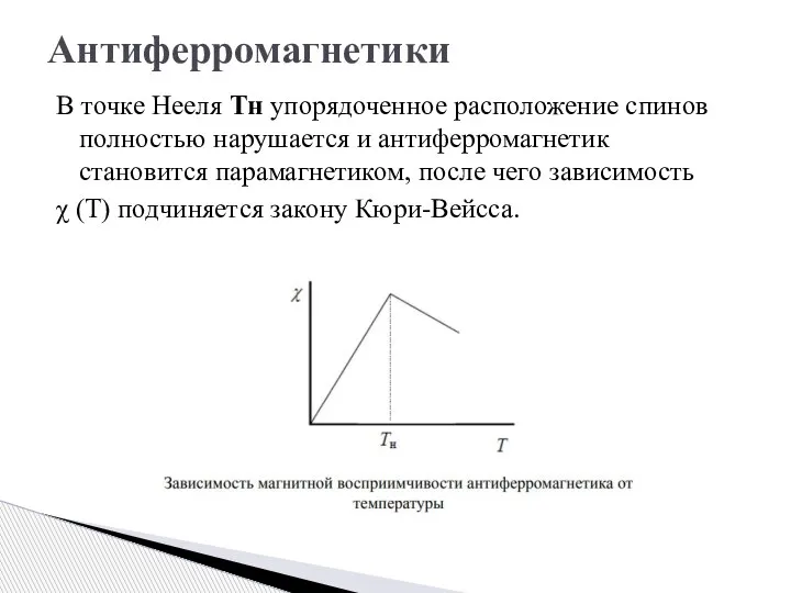 В точке Нееля Тн упорядоченное расположение спинов полностью нарушается и антиферромагнетик становится