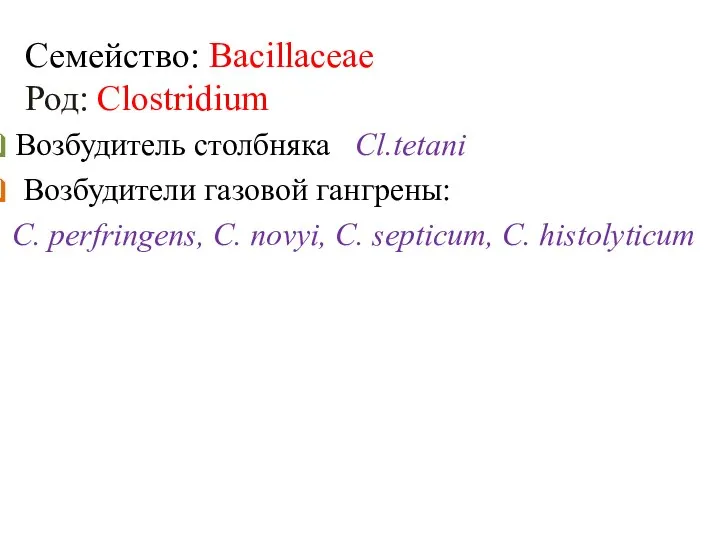 Семейство: Bacillaceae Род: Clostridium Возбудитель столбняка Cl.tetani Возбудители газовой гангрены: C. perfringens,