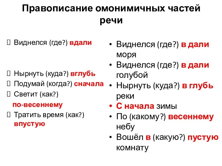 Правописание омонимичных частей речи Виднелся (где?) вдали Нырнуть (куда?) вглубь Подумай (когда?)