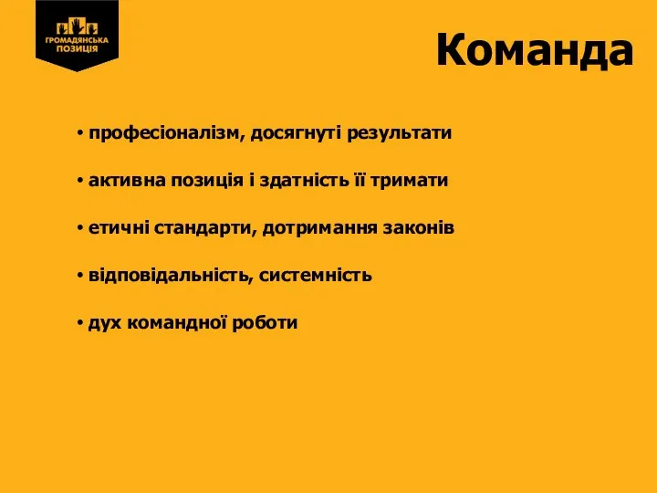 Команда професіоналізм, досягнуті результати активна позиція і здатність її тримати етичні стандарти,