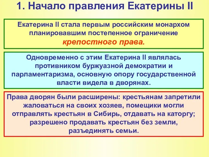 1. Начало правления Екатерины II Екатерина II стала первым российским монархом планировавшим