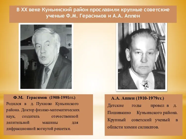 В XX веке Куньинский район прославили крупные советские ученые Ф.М. Герасимов и