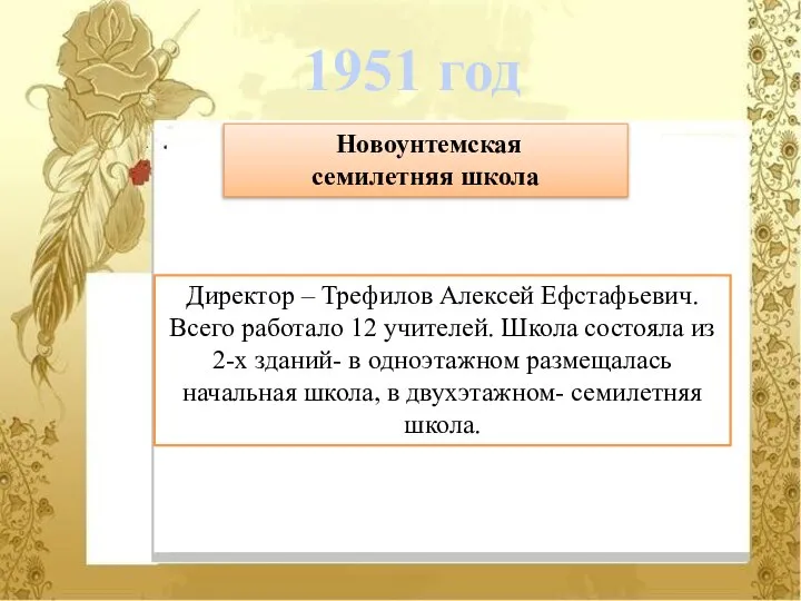 Новоунтемская семилетняя школа Директор – Трефилов Алексей Ефстафьевич. Всего работало 12 учителей.