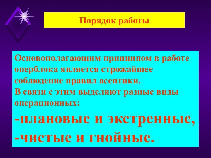 Основополагающим принципом в работе оперблока является строжайшее соблюдение правил асептики. В связи