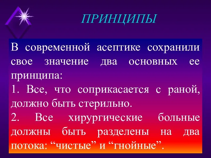 В современной асептике сохранили свое значение два основных ее принципа: 1. Все,