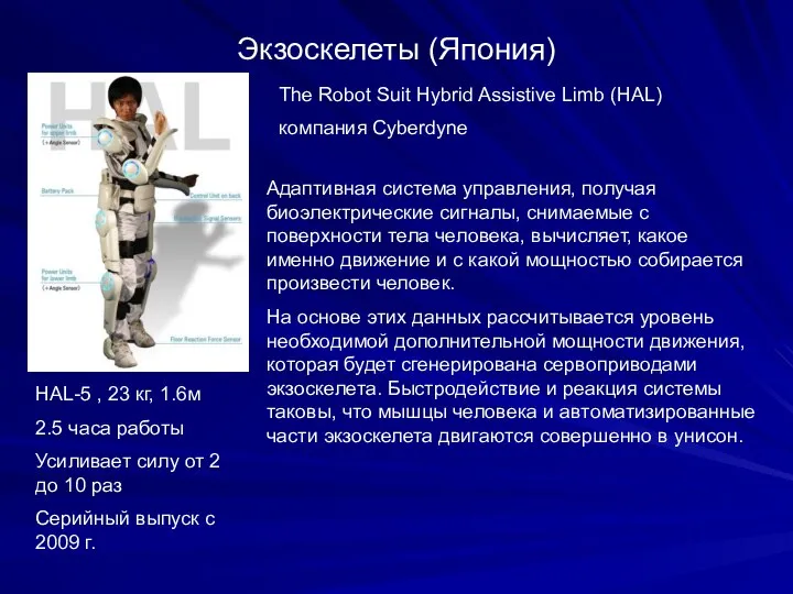 Экзоскелеты (Япония) HAL-5 , 23 кг, 1.6м 2.5 часа работы Усиливает силу