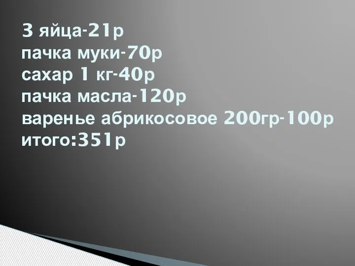 3 яйца-21р пачка муки-70р сахар 1 кг-40р пачка масла-120р варенье абрикосовое 200гр-100р итого:351р