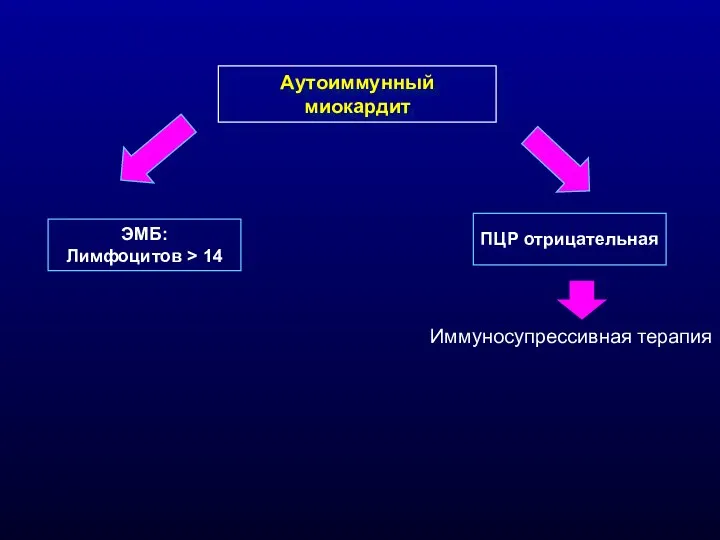 Аутоиммунный миокардит ЭМБ: Лимфоцитов > 14 Необратимое повреждение клеток миокарда Снижение сократительной